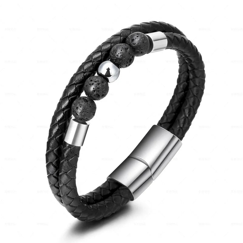 Pulsera de cuero roca Volcánica y Hematita