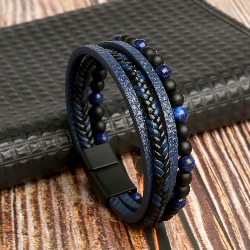 Pulsera de cuero azul con cuentas de piedras naturales