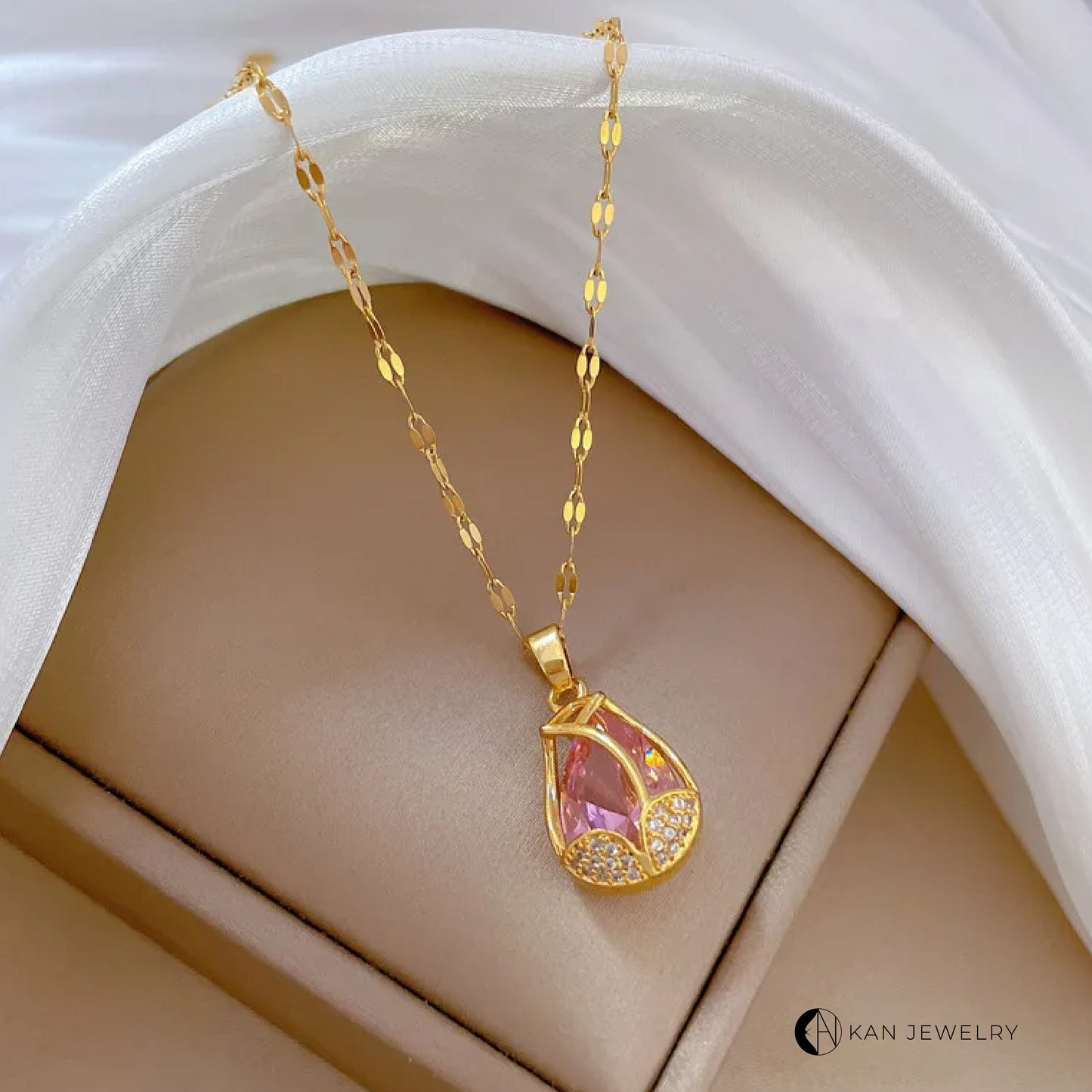 Collar de tulipan rosa con cadena de acero y titanio