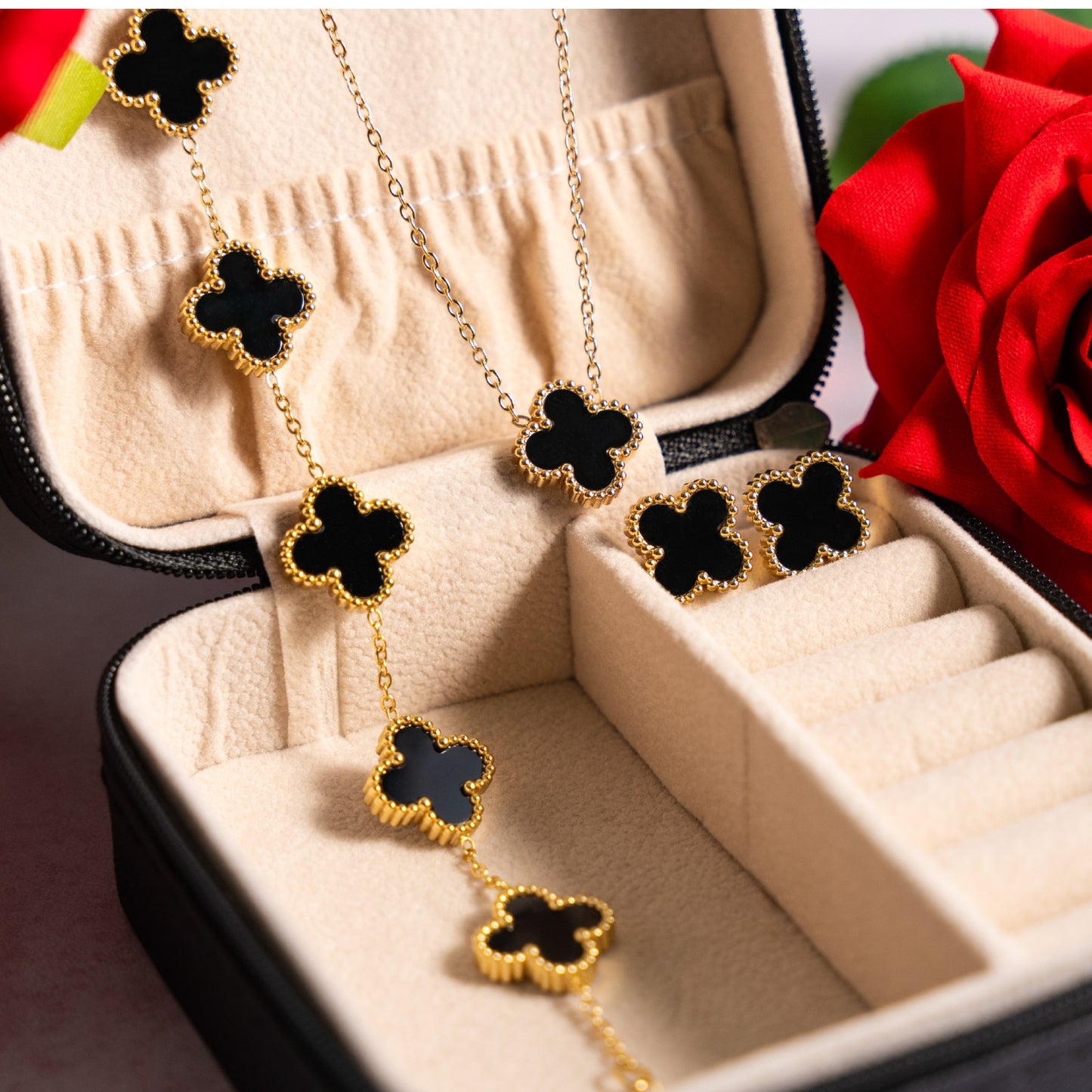 Pulsera, pendiente y collar de trébol, chapado en oro de 18k de acero inoxidable