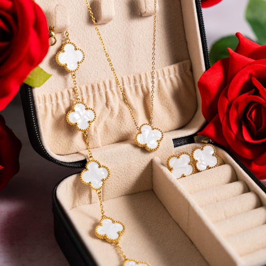 Pulsera, pendiente y collar de trébol, chapado en oro de 18k de acero inoxidable