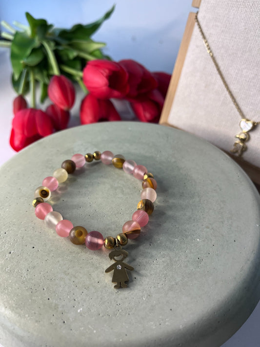 Pulsera De Cuarzo Sandia Con Dije De Niña O Niño